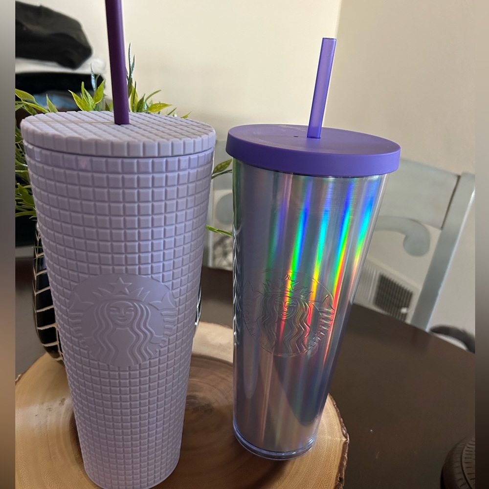 Starbucks Venti Cold Tumblers 1 Matte Lilac Lavender 1 Rainbow Iridescent Foil
